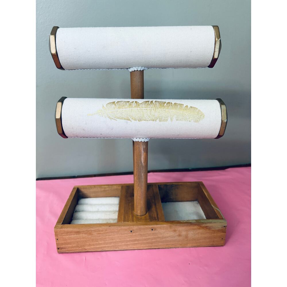 Jewelry Organizer With Two Tier Bars Gold Feather Ring & Compartment at Bottom